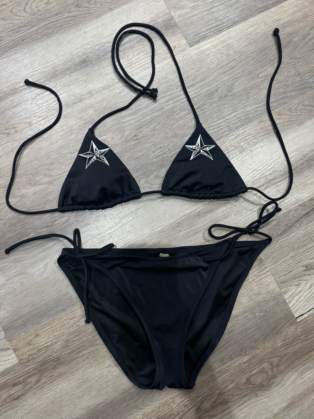 VTG Y2K Victoria’s Secret Black Bikini Set tattoo stars with gems bling small